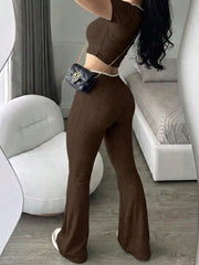 CROPPED SHORT SLEEVE TOP AND FLARED LEG PANTS