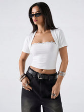 REGULAR SHOULDER SHORT SLEEVE LACE PATCHWORK FITTED CROPPED TOP