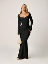 SCALLOPED TRIM NECKLINE LONG SLEEVE MAXI DRESS