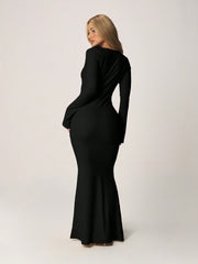 SCALLOPED TRIM NECKLINE LONG SLEEVE MAXI DRESS
