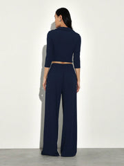 COLLARED BUTTON DOWN CROP TOP AND WIDE LEG PANTS SET