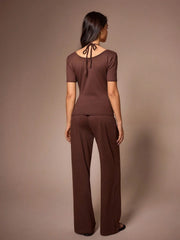 DRAPED NECK LOOSE FIT SHORT SLEEVE & LONG PANTS PAJAMA SET