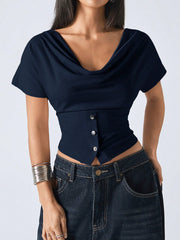 LAPEL SHORT SLEEVE BUTTON DESIGN ELEGANT TOP