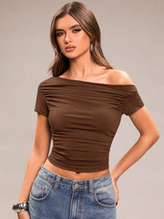 RUCHED ASYMMETRICAL SHOULDER SHORT SLEEVE CROPPED FITTED TOP