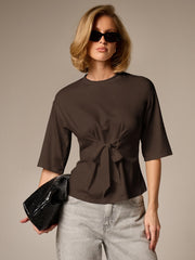HALF SLEEVE TIE FRONT CINCHED WAIST T-SHIRT