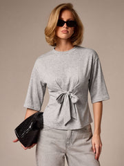 HALF SLEEVE TIE FRONT CINCHED WAIST T-SHIRT