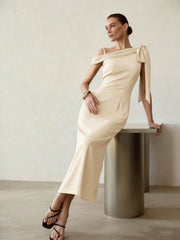 ELEGANT ASYMMETRICAL NECK LONG DRESS