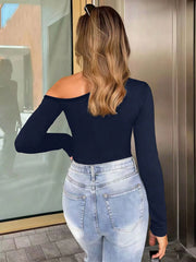 ASYMMETRIC COLLAR LONG SLEEVE FITTED CASUAL TOP