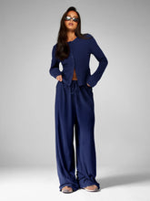 LONG SLEEVE BUTTON-UP TOP WIDE-LEG PANTS LOUNGE OUTFIT