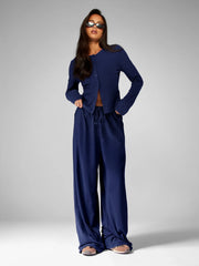 LONG SLEEVE BUTTON-UP TOP WIDE-LEG PANTS LOUNGE OUTFIT