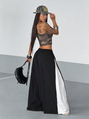 COLOR BLOCK SPLICE DESIGN SIDE ZIPPER WIDE LEG PANTS
