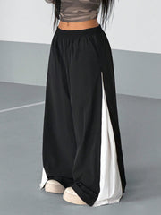 COLOR BLOCK SPLICE DESIGN SIDE ZIPPER WIDE LEG PANTS