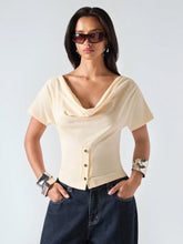 LAPEL SHORT SLEEVE BUTTON DESIGN ELEGANT TOP