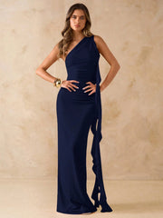 ASYMMETRIC RUFFLED BACKLESS LONG FLOUNCE HEM DRESS