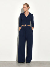 COLLARED BUTTON DOWN CROP TOP AND WIDE LEG PANTS SET