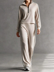 STRIPED HALF-ZIP LONG SLEEVE CROPPED HOODIE AND FLARED PANTS