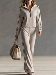 STRIPED HALF-ZIP LONG SLEEVE CROPPED HOODIE AND FLARED PANTS