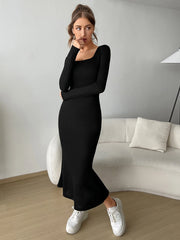 SQUARE NECK LONG SLEEVE BODYCON DRESS