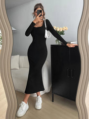 SQUARE NECK LONG SLEEVE BODYCON DRESS