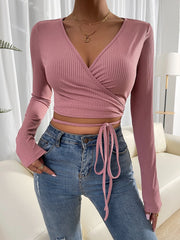 RIB KNIT SURPLICE NECK TIE FRONT CROP TOP