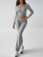 WOMEN SQUARE NECK LONG SLEEVE FITTED CROPPED TOP & LOW WAIST FLARED PANTS