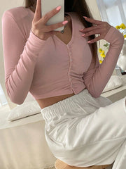 V-NECK BUTTON FRONT TIGHT FITTED T-SHIRT