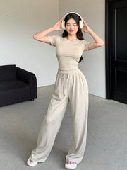 WOMEN'S PLAIN CREW NECK SHORT SLEEVE TOP AND PANTS SET