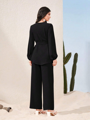 LANTERN SLEEVE BELTED BLOUSE & SPLIT HEM PANTS 2 PIECE SET MODEST