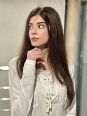 LONG SLEEVE SQUARE-NECK LACE-TRIM RUCHED PLAIN SLIM-FIT CROP TOP