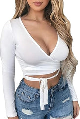 SURPLICE NECK TIE FRONT CROP TOP