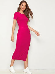 BUTTON DESIGNS SPLIT HEM ROUND NECK MIDI DRESS