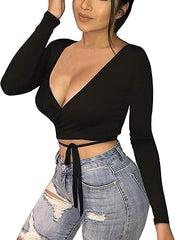 SURPLICE NECK TIE FRONT CROP TOP