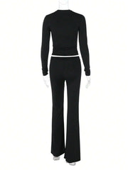 WOMEN'S LONG-SLEEVED TOPS, SLIM-FITTING FLARED PANTS SPORTS SUIT