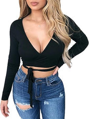 SURPLICE NECK TIE FRONT CROP TOP