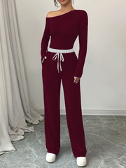 WOMEN CASUAL ASYMMETRIC COLLAR LONG SLEEVE TOP AND CONTRAST BOTTOM