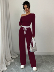 WOMEN CASUAL ASYMMETRIC COLLAR LONG SLEEVE TOP AND CONTRAST BOTTOM