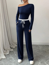 WOMEN CASUAL ASYMMETRIC COLLAR LONG SLEEVE TOP AND CONTRAST BOTTOM