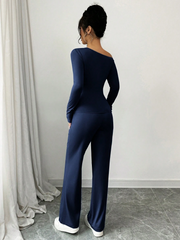 WOMEN CASUAL ASYMMETRIC COLLAR LONG SLEEVE TOP AND CONTRAST BOTTOM