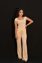 DEEP NECK CROP TOP AND SQUARE EMBELLISHED PLEATED FLARE PANTS