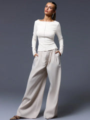 CASUAL RIBBED SLASH NECK LONG SLEEVE TOP & BOTTOM