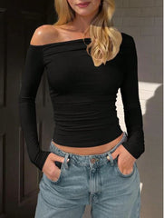 SOLID COLOR ASYMMETRIC COLLAR PLEATED CROPPED TOP