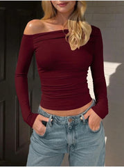 SOLID COLOR ASYMMETRIC COLLAR PLEATED CROPPED TOP