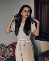 CREW NECK PUFF SLEEVE TOP AND TIE WAIST WIDE LEG PANTS