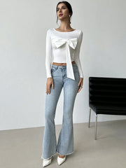 WOMEN'S ELEGANT CUTE ROMANTIC BOW DECOR MOCK NECK LONG SLEEVE FITTED TOP