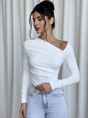 WOMEN REGULAR SOLID COLOR ASYMMETRICAL COLLAR LONG SLEEVE RUFFLE FITTED TOP