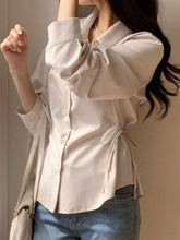 WOMEN'S BUSINESS CASUAL SOLID COLOR LAPEL LONG SLEEVE TIE WAIST BLOUSE