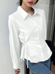 WOMEN'S BUSINESS CASUAL SOLID COLOR LAPEL LONG SLEEVE TIE WAIST BLOUSE