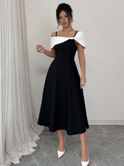 WOMEN'S ELEGANT CONTRAST COLOR SPLICE ASYMMETRIC COLLAR DRESS