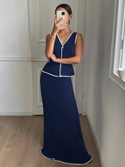 FRENCHY 2PCS WOMEN CONTRAST TRIM SLEEVELESS TOP & LONG SKIRT SET