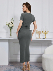 WOMEN'S ROUND NECK SHORT SLEEVE TIE WAIST SLIM FIT BODYCON DRESS
